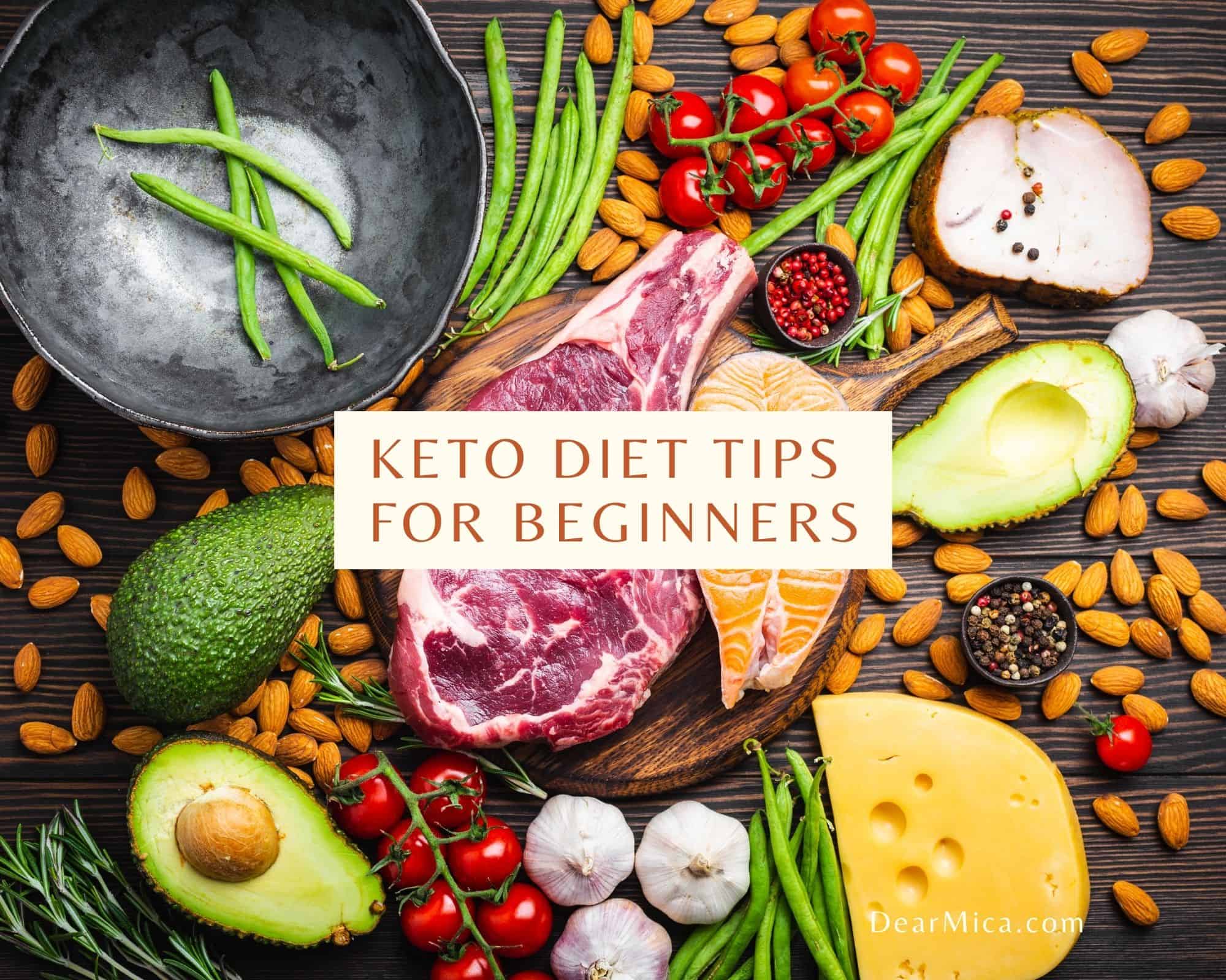 Keto foods such as steak, cheese, avocado salmon and vegetables with writing in the center, Keto diet tips for beginners