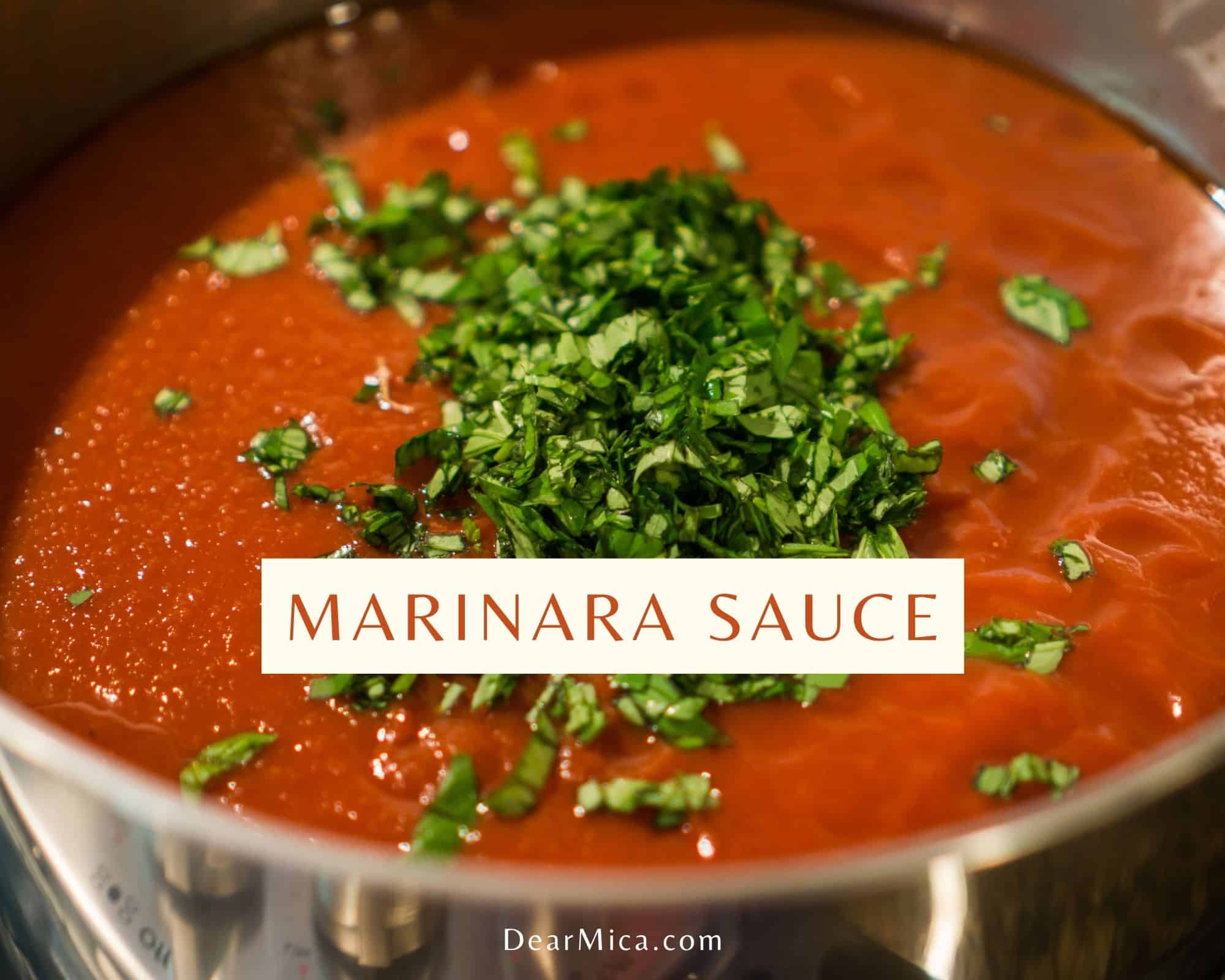 Marinara Sauce Recipe Without Sugar in a pot garnished with chopped fresh parsley