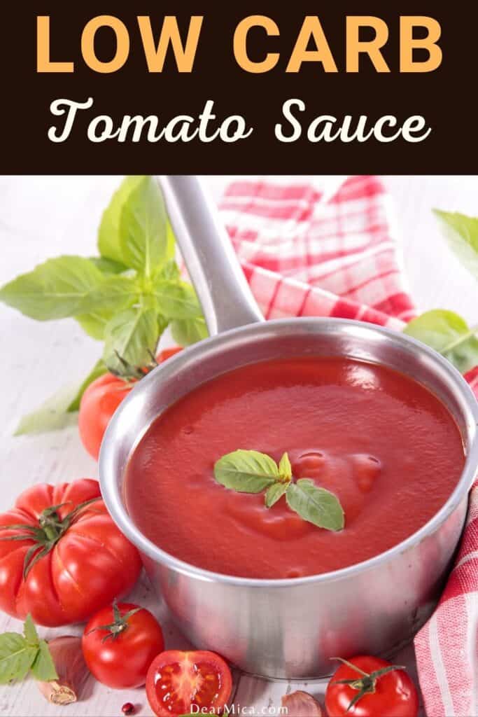 tomato marinara in a saucepan with beefsteak tomatoes and basil in the background