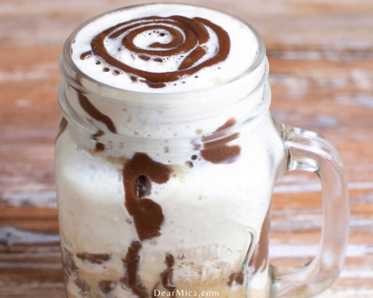 Low-Carb Mocha Frappuccino topped with whipped cream and chocolate syrup