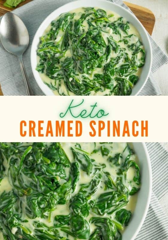 Keto creamed spinach served on a white bowl placed on a wooden board with a pinstriped fabric napkin and Top closeup view of Keto creamed spinach served on a white bowl.