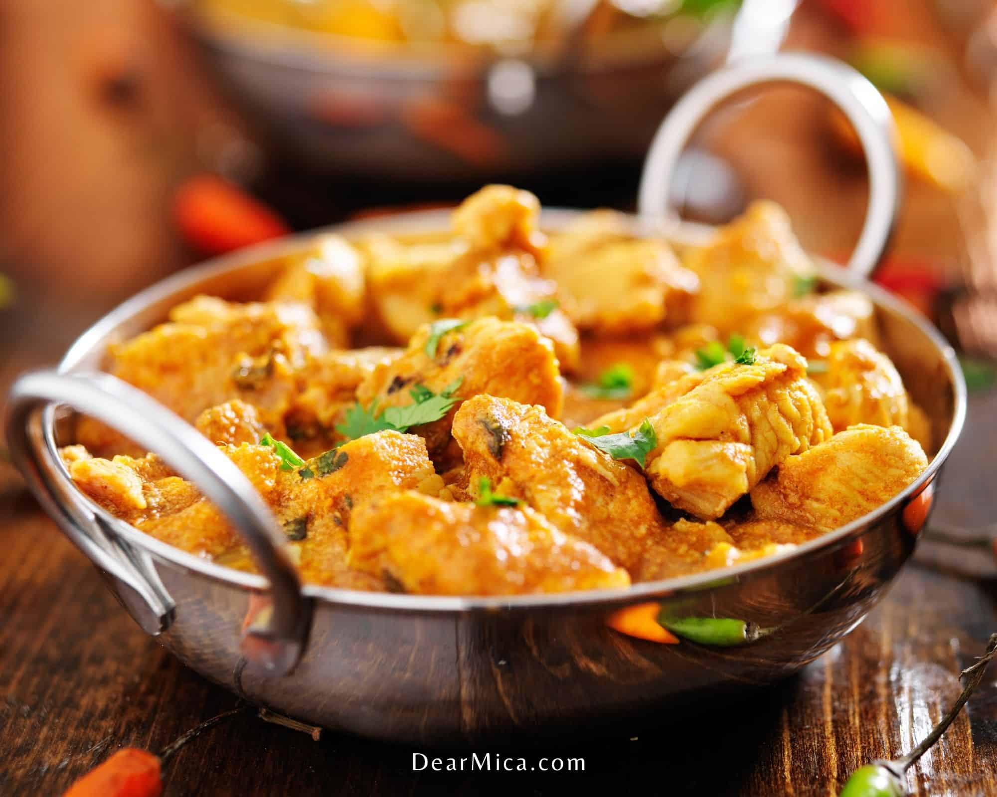 top view of a Low Carb Leftover Turkey Tikka Masala served on a pan with two handles