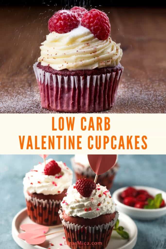 Two images of low carb red velvet cupcakes. Top  image of a single red velvet cupcake and bottom image side view of four low carb homemade red velvet cupcakes with whipped cream and fresh raspberries.