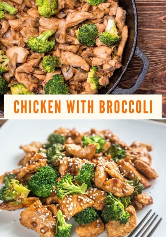 Top view of A Keto Chicken And Broccoli Stir Fry served on a white Square plate on a beige fabric napkin and chicken broccoli stir fry on a cast iron skillet.
