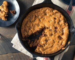 Top view of a warm keto chocolate chip skillet cookie.