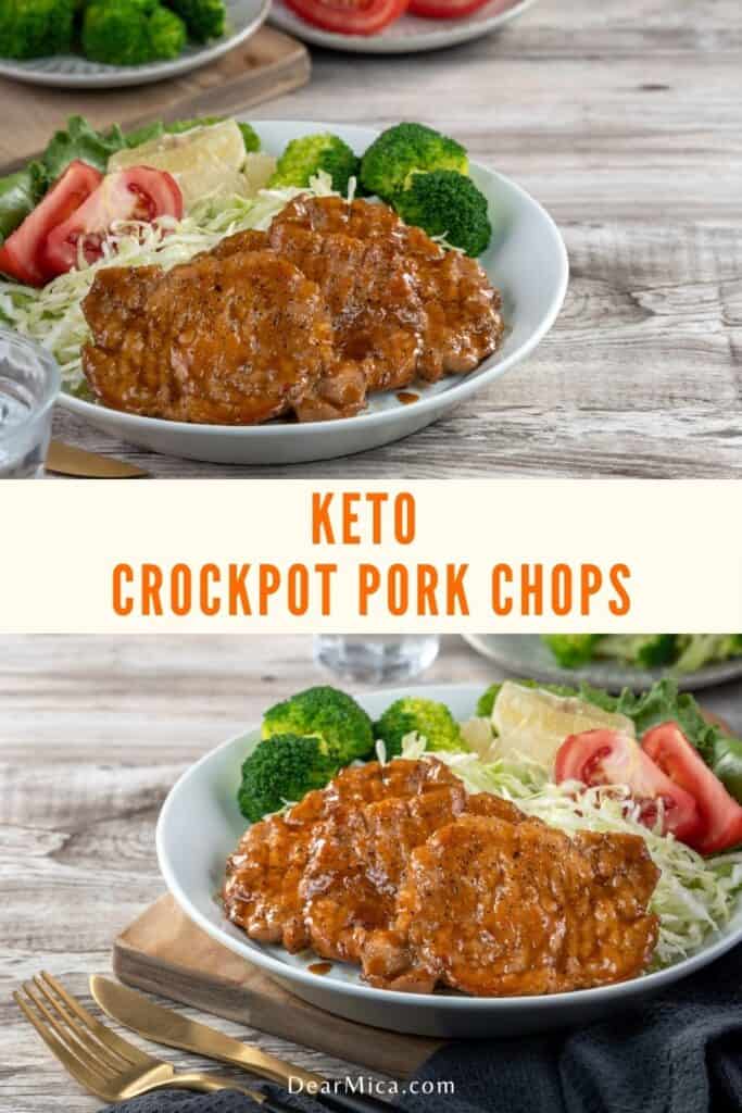 Two side view images of two plate with delicious low carb pork chops served with vegetables. keto crockpot pork chops.