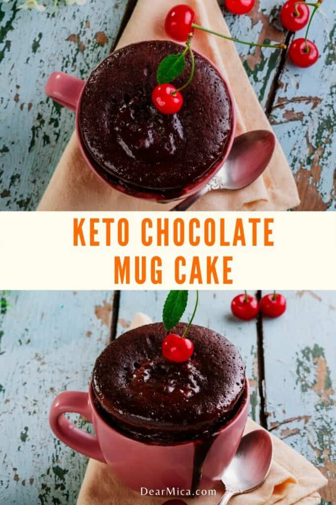 Two images of chocolate cake in a mug. Bottom image of A Keto Chocolate Mug Cake in a pink mug garnished with 1 cherry on a wooden blue table decorated with flowers, cherries and a silver spoon and top image of the top view of a Keto Chocolate Mug Cake in a pink mug garnished with 1 cherry on a wooden blue table decorated with cherries and a silver spoon.
