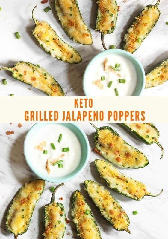 Top view of low carb and keto-friendly Grilled Jalapeno Poppers with 2  dipping sauces on white background.