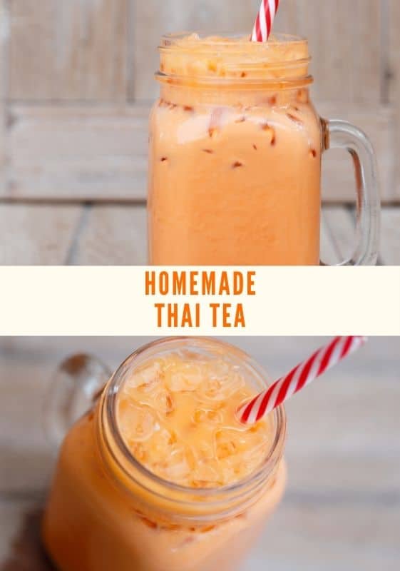 Top image is a side view of homemade Thai tea on a mason jar with ice and striped red and white straw on a wood background. Bottom image is of a side view of homemade Thai tea on a mason jar with ice and striped red and white straw on a wood background.