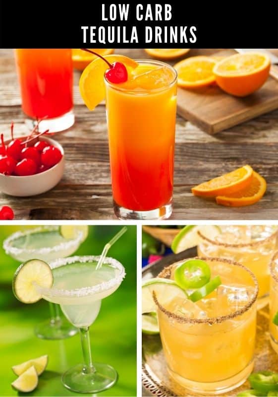 Three Low Carb Tequila Drinks. Tequila sunrise, lime margarita and spicy grapefruit margarita.