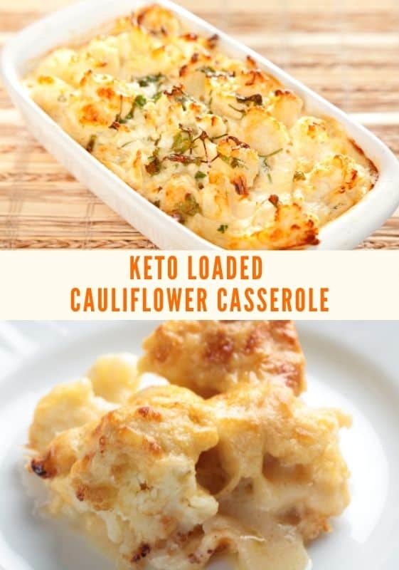 Two images one is a side view of a serving of Keto Loaded Cauliflower Casserole on a white plate and the other is a side view of a serving of Keto Loaded Cauliflower Casserole on a white plate.