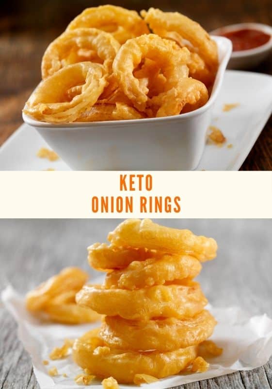 A side view of stacked keto onion rings and onion rings in a bowl.
