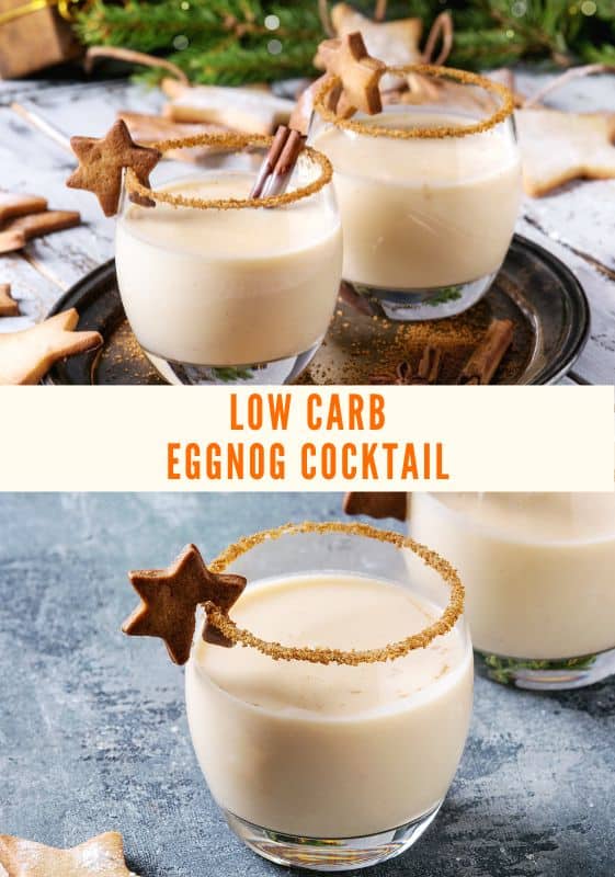 Side view of three glasses of keto Eggnog with a cinnamon stick on a holiday decorated table.