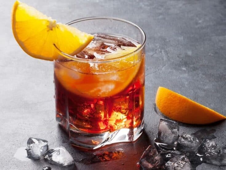 A Low Carb Negroni cocktail on a dark background.