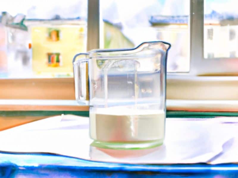 a liter of milk on a glass measuring cup on a kitchen countertop with bright big window in the kitchen as background.